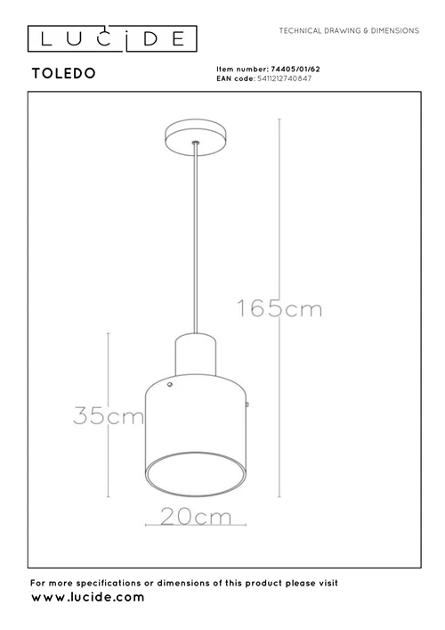 Lucide TOLEDO - Pendant light - Ø 20 cm - 1xE27 - Amber - technical